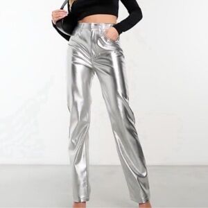 NWT Abercrombie 90s Straight Vegan Leather Pants Silver